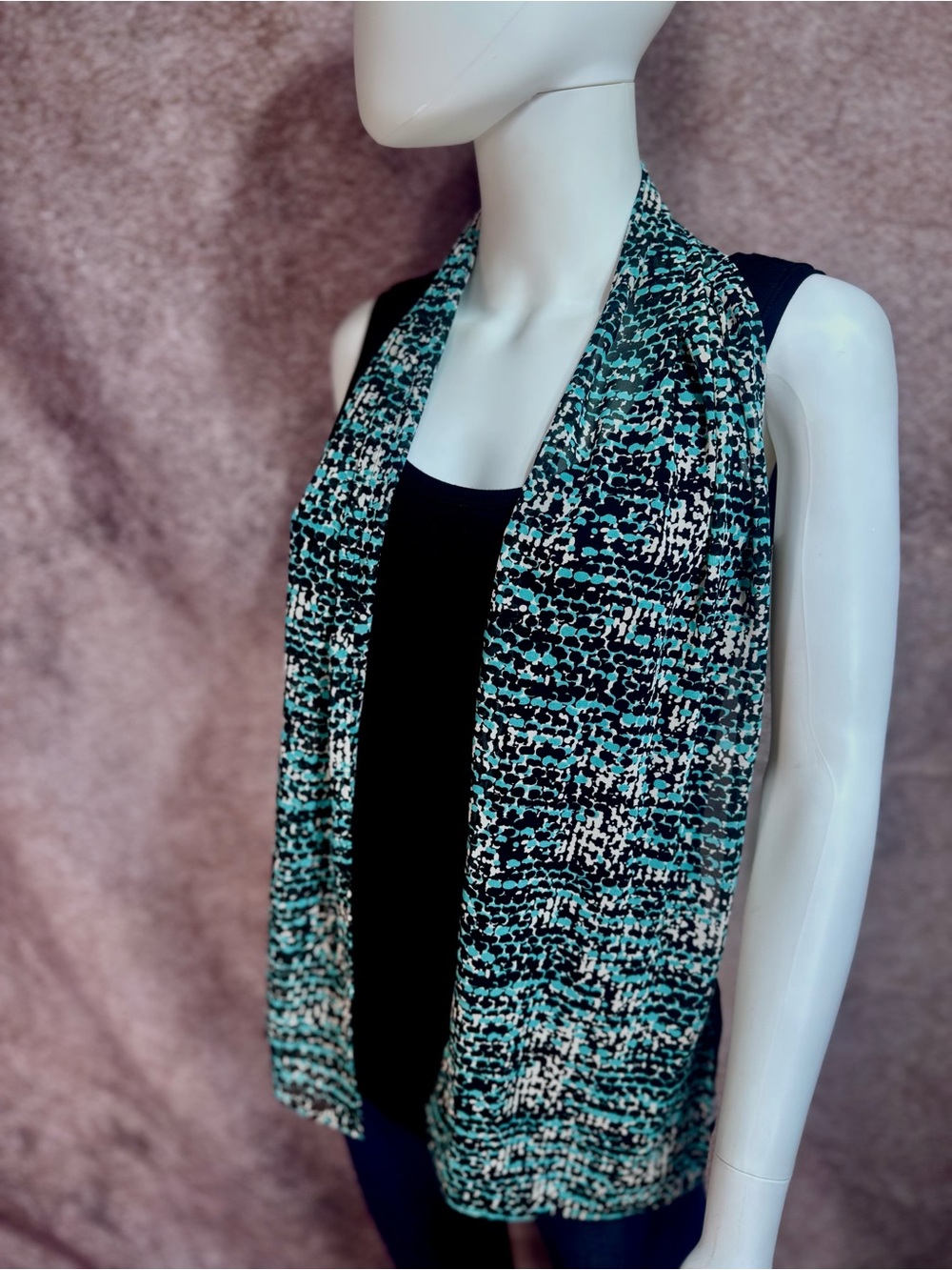 New! Lightweight Teal, Black & Ivory Patterned Sheer Scarf